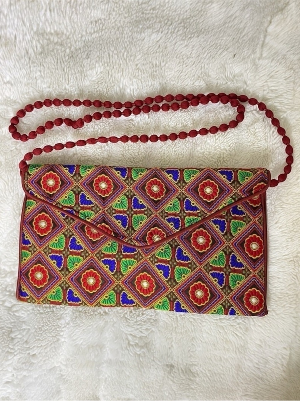Floral Embroidered Red Green Purple Envelope Purse Shoulder Bag